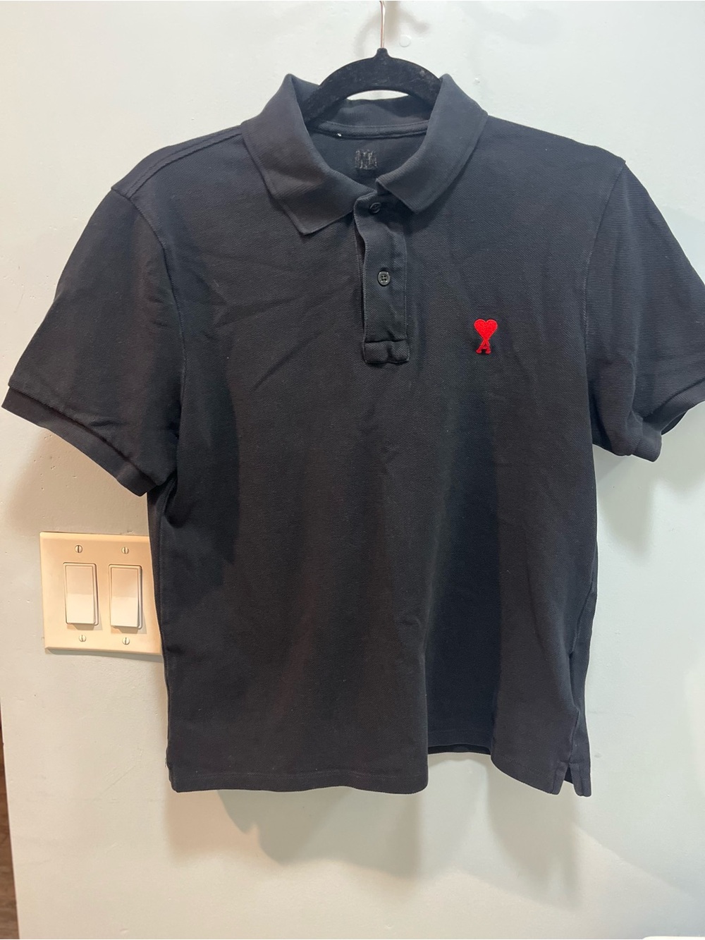 Ami Paris Black Men's Polo with Red Heart Accent Size M